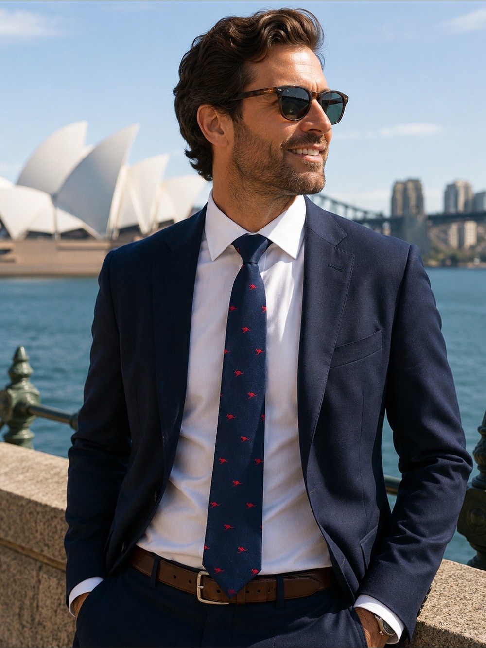 Austico Australia Navy Blue Silk Tie Red Kangaroo Print Novelty Necktie